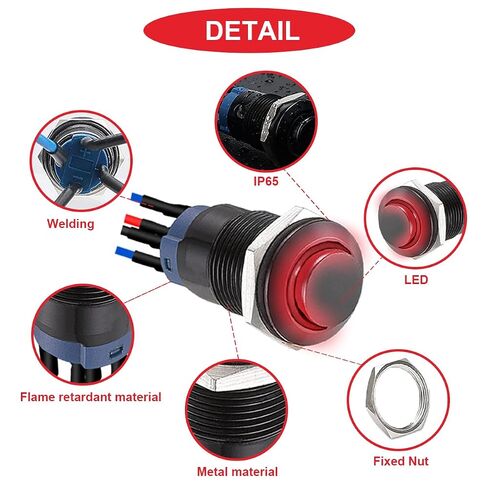 2 قطعة 12 مم زر ضغط LED أحمر/أخضر، غلاف معدني أسود IP65 مقاوم للماء 12 فولت 24 فولت 3A تيار مستمر SPST 2 وضعية القفل الذاتي على مفتاح إيقاف التشغيل مع أسلاك سلكية مسبقًا وغطاء أسلاك لقارب السيارة in Kuwait