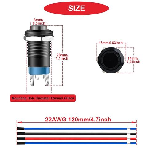 2 قطعة 12 مم زر ضغط LED أحمر/أخضر، غلاف معدني أسود IP65 مقاوم للماء 12 فولت 24 فولت 3A تيار مستمر SPST 2 وضعية القفل الذاتي على مفتاح إيقاف التشغيل مع أسلاك سلكية مسبقًا وغطاء أسلاك لقارب السيارة in Kuwait