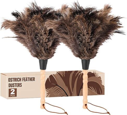 2pcs Ostrich Feather Dusters，Reusable Feather Duster with Wood Handle, Ostrich Feather Dusters for Cleaning, Office, Home, Car(Length13" in Kuwait