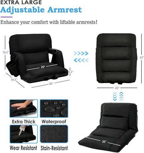 Stadium Seats with Back Support 2 Pack, 4.3" Thick Extra Wide Comfy Cushion 6 Adjustable Angle Bleacher Seat with Armrest, "Sofa Style" Design, Ultra-Strong Steel Frame, Multiple Pockets (Black, 25") in Kuwait