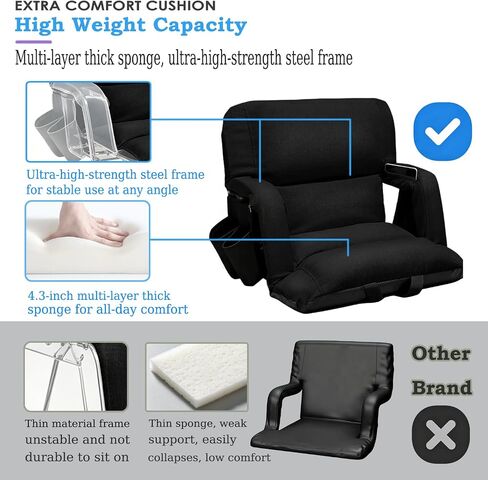 Stadium Seats with Back Support 2 Pack, 4.3" Thick Extra Wide Comfy Cushion 6 Adjustable Angle Bleacher Seat with Armrest, "Sofa Style" Design, Ultra-Strong Steel Frame, Multiple Pockets (Black, 25") in Kuwait
