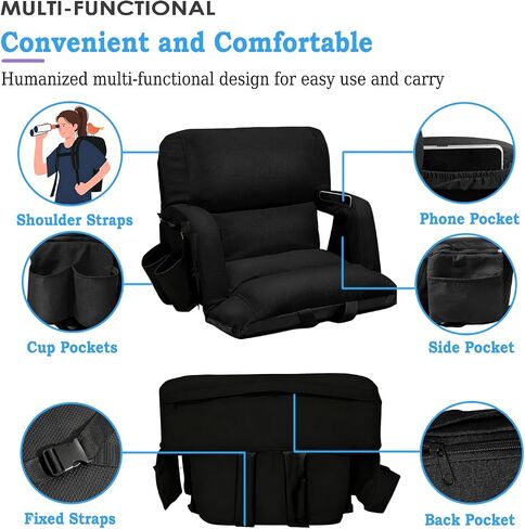 Stadium Seats with Back Support 2 Pack, 4.3" Thick Extra Wide Comfy Cushion 6 Adjustable Angle Bleacher Seat with Armrest, "Sofa Style" Design, Ultra-Strong Steel Frame, Multiple Pockets (Black, 25") in Kuwait