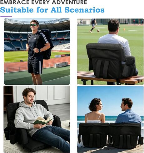Stadium Seats with Back Support 2 Pack, 4.3" Thick Extra Wide Comfy Cushion 6 Adjustable Angle Bleacher Seat with Armrest, "Sofa Style" Design, Ultra-Strong Steel Frame, Multiple Pockets (Black, 25") in Kuwait