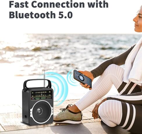 JEUJUG Portable AM FM Radio, Bluetooth 5.0 Radios 5 Watts Loud Speaker,FM Radio Built-in Rechargeable Battery/DC D*4 Cell Battery Operated & AC Power Plug in Wall Black in Kuwait