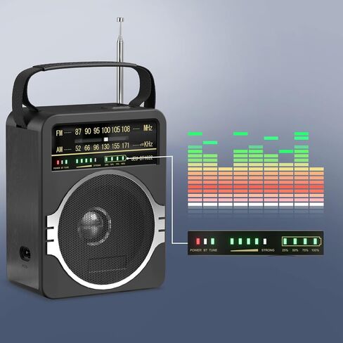 JEUJUG Portable AM FM Radio, Bluetooth 5.0 Radios 5 Watts Loud Speaker,FM Radio Built-in Rechargeable Battery/DC D*4 Cell Battery Operated & AC Power Plug in Wall Black in Kuwait