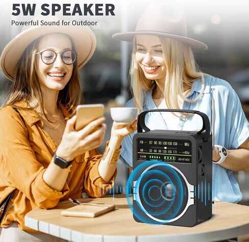JEUJUG Portable AM FM Radio, Bluetooth 5.0 Radios 5 Watts Loud Speaker,FM Radio Built-in Rechargeable Battery/DC D*4 Cell Battery Operated & AC Power Plug in Wall Black in Kuwait