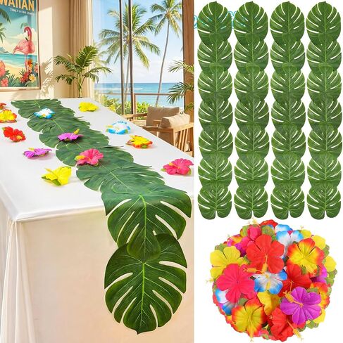 Blosssound 4 Pcs Tropical Party Decorations Supplies, Artificial Palm Leaves Green Table Runner with 80 Artificial Hibiscus Flowers Hawaiian Party Decorations for Luau Beach BBQ Table Decor in Kuwait