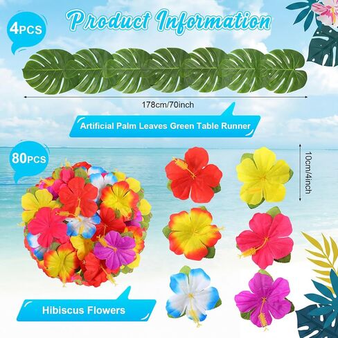 Blosssound 4 Pcs Tropical Party Decorations Supplies, Artificial Palm Leaves Green Table Runner with 80 Artificial Hibiscus Flowers Hawaiian Party Decorations for Luau Beach BBQ Table Decor in Kuwait