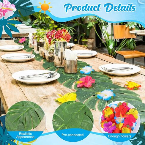 Blosssound 4 Pcs Tropical Party Decorations Supplies, Artificial Palm Leaves Green Table Runner with 80 Artificial Hibiscus Flowers Hawaiian Party Decorations for Luau Beach BBQ Table Decor in Kuwait