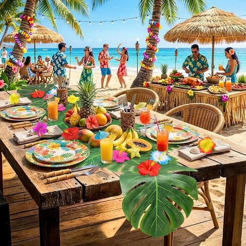 Blosssound 4 Pcs Tropical Party Decorations Supplies, Artificial Palm Leaves Green Table Runner with 80 Artificial Hibiscus Flowers Hawaiian Party Decorations for Luau Beach BBQ Table Decor in Kuwait