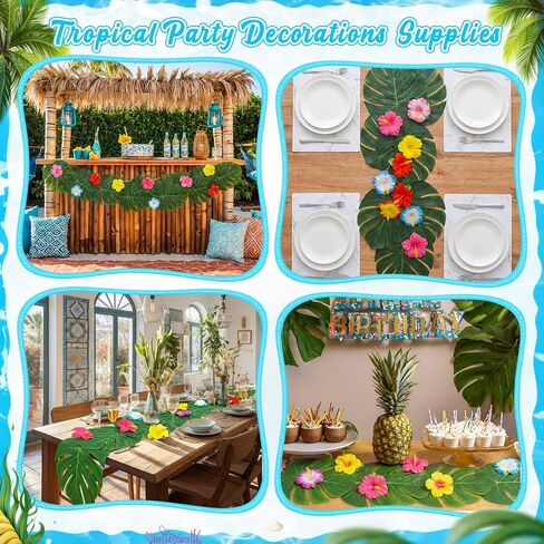 Blosssound 4 Pcs Tropical Party Decorations Supplies, Artificial Palm Leaves Green Table Runner with 80 Artificial Hibiscus Flowers Hawaiian Party Decorations for Luau Beach BBQ Table Decor in Kuwait
