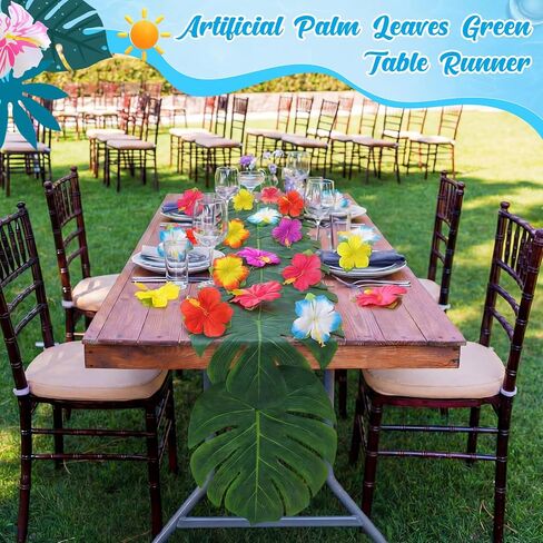 Blosssound 4 Pcs Tropical Party Decorations Supplies, Artificial Palm Leaves Green Table Runner with 80 Artificial Hibiscus Flowers Hawaiian Party Decorations for Luau Beach BBQ Table Decor in Kuwait