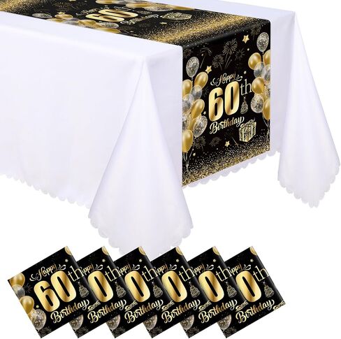 6 Pcs 60th Birthday Table Runners 108 Inch Long Plastic Disposable Black and Gold Dinner Runner Happy 60th Birthday Table Runners for Men Women Anniversary Milestone Party Decorations in Kuwait