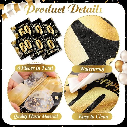 6 Pcs 60th Birthday Table Runners 108 Inch Long Plastic Disposable Black and Gold Dinner Runner Happy 60th Birthday Table Runners for Men Women Anniversary Milestone Party Decorations in Kuwait