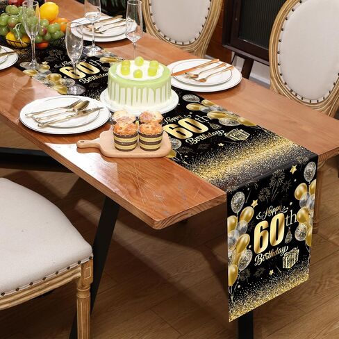 6 Pcs 60th Birthday Table Runners 108 Inch Long Plastic Disposable Black and Gold Dinner Runner Happy 60th Birthday Table Runners for Men Women Anniversary Milestone Party Decorations in Kuwait
