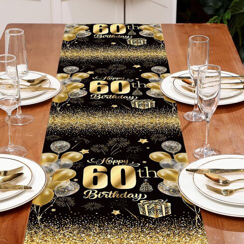 6 Pcs 60th Birthday Table Runners 108 Inch Long Plastic Disposable Black and Gold Dinner Runner Happy 60th Birthday Table Runners for Men Women Anniversary Milestone Party Decorations in Kuwait