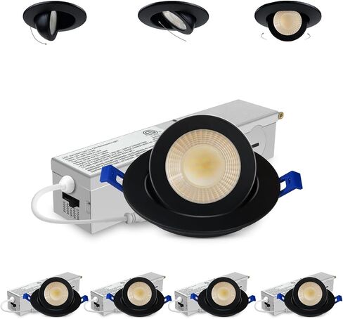 Adetu 4 Pack 2 بوصة 5CCT Gimbal Black LED إضاءة غائرة، 360 درجة + 90 درجة إضاءة سفلية اتجاهية قابلة للتعديل، 2700K/3000K/3500K/4000K/5000K قابلة للاختيار، قابلة للتعتيم، CRI90+، 5W=50W، سطوع 550LM-ETL in Kuwait