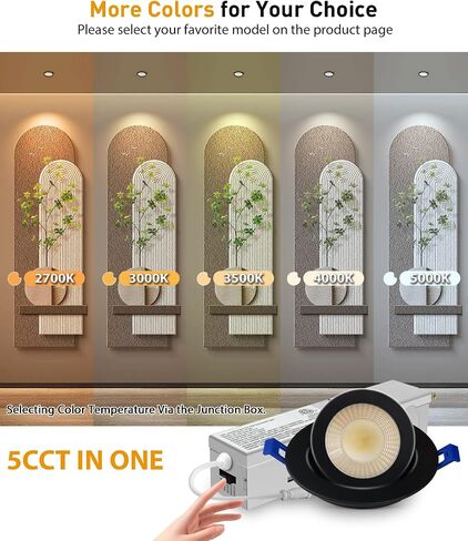 Adetu 4 Pack 2 بوصة 5CCT Gimbal Black LED إضاءة غائرة، 360 درجة + 90 درجة إضاءة سفلية اتجاهية قابلة للتعديل، 2700K/3000K/3500K/4000K/5000K قابلة للاختيار، قابلة للتعتيم، CRI90+، 5W=50W، سطوع 550LM-ETL in Kuwait