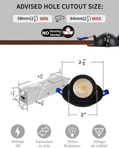 Adetu 4 Pack 2 بوصة 5CCT Gimbal Black LED إضاءة غائرة، 360 درجة + 90 درجة إضاءة سفلية اتجاهية قابلة للتعديل، 2700K/3000K/3500K/4000K/5000K قابلة للاختيار، قابلة للتعتيم، CRI90+، 5W=50W، سطوع 550LM-ETL in Kuwait