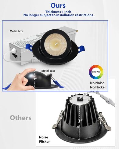 Adetu 4 Pack 2 بوصة 5CCT Gimbal Black LED إضاءة غائرة، 360 درجة + 90 درجة إضاءة سفلية اتجاهية قابلة للتعديل، 2700K/3000K/3500K/4000K/5000K قابلة للاختيار، قابلة للتعتيم، CRI90+، 5W=50W، سطوع 550LM-ETL in Kuwait
