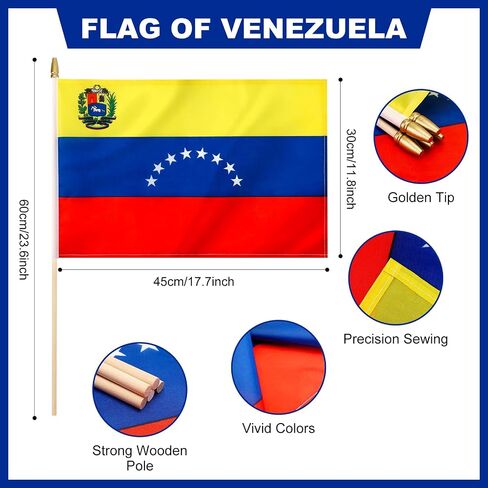12 Pack Venezuela Stick Flags Small 12x18 Inch Venezuelan Hand Held Flags with 24 Inch Wooden Pole Decorations in Kuwait