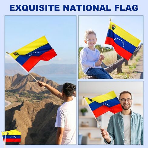12 Pack Venezuela Stick Flags Small 12x18 Inch Venezuelan Hand Held Flags with 24 Inch Wooden Pole Decorations in Kuwait