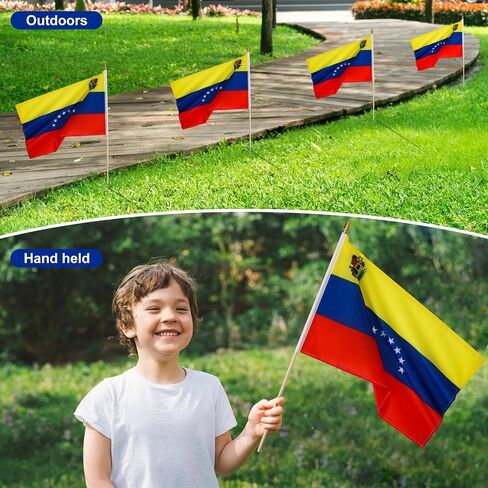 12 Pack Venezuela Stick Flags Small 12x18 Inch Venezuelan Hand Held Flags with 24 Inch Wooden Pole Decorations in Kuwait