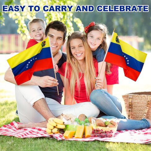 12 Pack Venezuela Stick Flags Small 12x18 Inch Venezuelan Hand Held Flags with 24 Inch Wooden Pole Decorations in Kuwait