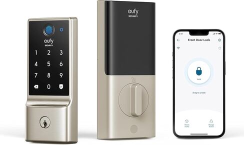eufy Security Smart Lock C220، قفل باب دخول بدون مفتاح ببصمة الإصبع، واي فاي مدمج، جهاز تحكم عن بعد في التطبيق، قفل ذكي للباب الأمامي، ديدبولت، بطارية 8 أشهر، طاقة موثوقة، IP53، أسود، تقليدي in Kuwait