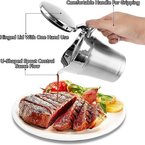 Stainless Steel Insulated Gravy Boat with Lid – 450ML/16OZ Double Insulated Gravy Pitcher for Hot & Cold Sauces – Sauce Jug with Hinged Lid, Ideal for Gravy or Cream at Thanksgiving, Gravy Pitcher in Kuwait