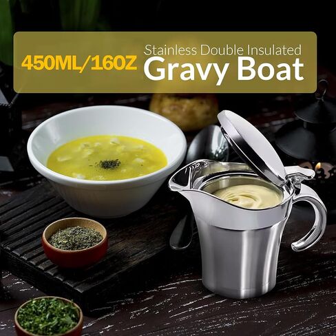 Stainless Steel Insulated Gravy Boat with Lid – 450ML/16OZ Double Insulated Gravy Pitcher for Hot & Cold Sauces – Sauce Jug with Hinged Lid, Ideal for Gravy or Cream at Thanksgiving, Gravy Pitcher in Kuwait