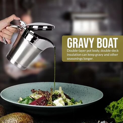 Stainless Steel Insulated Gravy Boat with Lid – 450ML/16OZ Double Insulated Gravy Pitcher for Hot & Cold Sauces – Sauce Jug with Hinged Lid, Ideal for Gravy or Cream at Thanksgiving, Gravy Pitcher in Kuwait