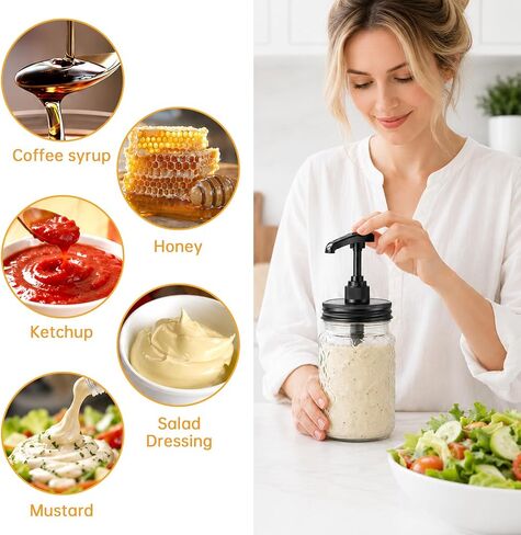 2 Pack Stainless Steel Mason Jar Pump Lid, Wide Mouth Mason Jar Syrup Dispenser Ketchup Dispenser for Honey Sauce, Honey Dispensers Kitchen Condiment Dispensers, Black in Kuwait