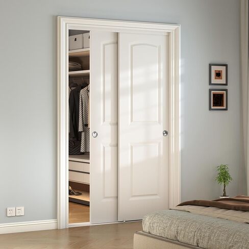 JUBEST 60x80 in Sliding Closet Door, Raised 2-Panel Arch Top White Primed Hollow Core Door Slab with Hardware Kits & Matching Fascia, Pre-drilled & Paintable, Space-Saving for Bedroom Laundry in Kuwait