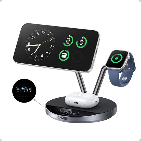 Anker Prime 3-in-1 Qi2.2 MagSafe Compatible 25W Wireless Charging Station | Smart Display with TEC Active Cooling, for iPhone 17, Apple Watch, AirPods Pro, and More (Adapter Included) in Saudi Arabia