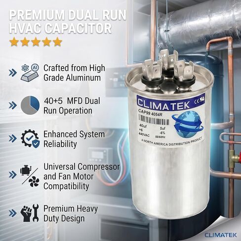 ClimaTek Round Capacitor Replaces Payne # HC98JA041D | 40/5 uf MFD, 370/440 Volt VAC, Dual Run in Kuwait