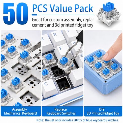 50 PCS Blue Keyboard Switches for 3D Prints, with A Storage Box | 3 Pin Dustproof Keyboard Switches for Mechanical Keyboard Assembling & Replacement, Gaming Keyboard Enthusiast Gifts in Kuwait