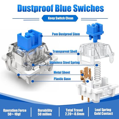 50 PCS Blue Keyboard Switches for 3D Prints, with A Storage Box | 3 Pin Dustproof Keyboard Switches for Mechanical Keyboard Assembling & Replacement, Gaming Keyboard Enthusiast Gifts in Kuwait