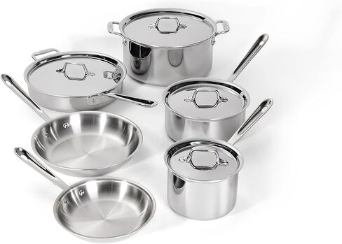 طقم أواني طهي من الفولاذ المقاوم للصدأ 10 قطع من All-Clad D3® - صنع في الولايات المتحدة الأمريكية - يشمل مقالي ومقلاة ومقلاة ومرق - درجة احترافية - آمن في الفرن ومتوافق مع الحث in Kuwait