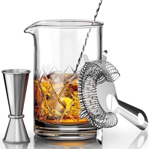 MOFADO. Premium Crystal Cocktail Mixing Glass Set - Professional Bartender Tools/Bar Accessories - Thick Bottom Pitcher/Beaker,Jigger, Muddler, Spoon-4 piece (24 Oz) Ideal Gift in Kuwait