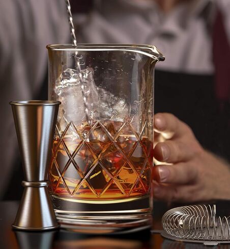 MOFADO. Premium Crystal Cocktail Mixing Glass Set - Professional Bartender Tools/Bar Accessories - Thick Bottom Pitcher/Beaker,Jigger, Muddler, Spoon-4 piece (24 Oz) Ideal Gift in Kuwait