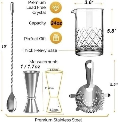MOFADO. Premium Crystal Cocktail Mixing Glass Set - Professional Bartender Tools/Bar Accessories - Thick Bottom Pitcher/Beaker,Jigger, Muddler, Spoon-4 piece (24 Oz) Ideal Gift in Kuwait