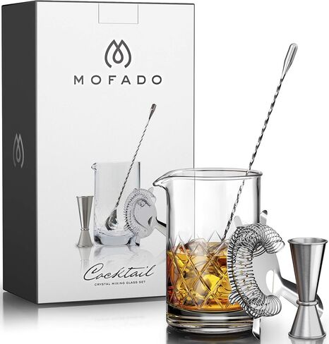 MOFADO. Premium Crystal Cocktail Mixing Glass Set - Professional Bartender Tools/Bar Accessories - Thick Bottom Pitcher/Beaker,Jigger, Muddler, Spoon-4 piece (24 Oz) Ideal Gift in Kuwait