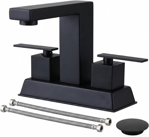 Comllen Matte Black Centerset Bathroom Faucet, 4 Inch 2 Handle Bathroom Sink Faucets with Water Hoses and Pop up Drain, 3 Hole Bathroom Faucets for Vanity Lavatory Basin RV Sink in Kuwait