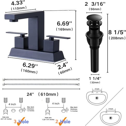 Comllen Matte Black Centerset Bathroom Faucet, 4 Inch 2 Handle Bathroom Sink Faucets with Water Hoses and Pop up Drain, 3 Hole Bathroom Faucets for Vanity Lavatory Basin RV Sink in Kuwait