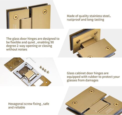2 Pack Brushed Gold Glass Shower Door Hinge,180 Degree | Heavy Duty,304 Stainless Steel,Frameless Glass to Glass Hinges for 8mm-12mm in Kuwait