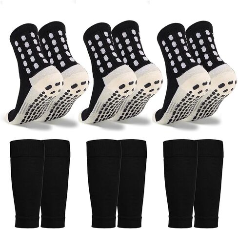 3 Set Kids Grip Soccer Socks and Shin Guard Sleeves for Youth Boys Girls Age 7-14 Non-Slip Football Basketball Training in Kuwait