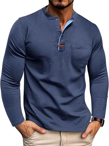eoeioa Mens Henley Shirts Dressy Casual Long Sleeve Workout Shirt Lightweight Breathable Cotton Sweat Shirts with Pockets in Kuwait