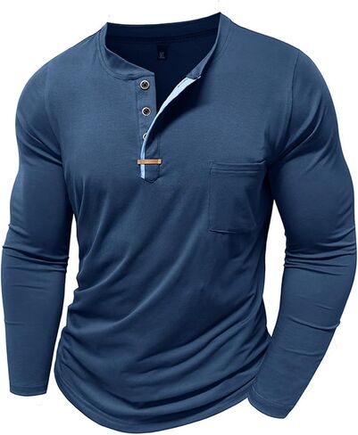 eoeioa Mens Henley Shirts Dressy Casual Long Sleeve Workout Shirt Lightweight Breathable Cotton Sweat Shirts with Pockets in Kuwait