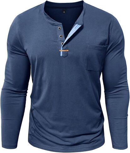 eoeioa Mens Henley Shirts Dressy Casual Long Sleeve Workout Shirt Lightweight Breathable Cotton Sweat Shirts with Pockets in Kuwait